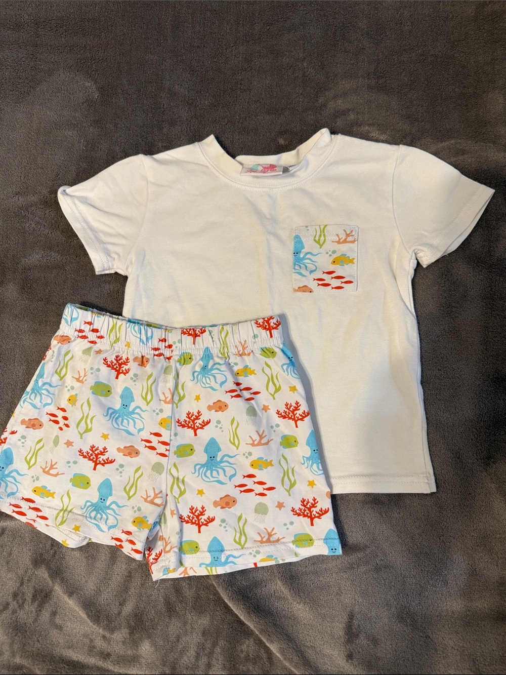 Kids White Tee & Ocean Print Shorts Matching Set